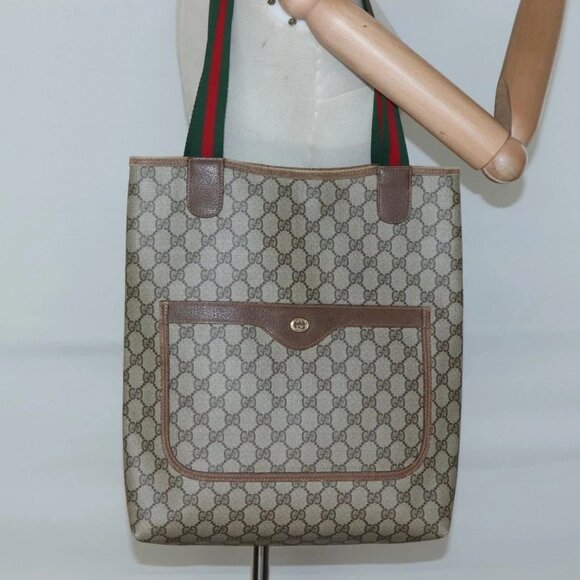 GUCCI GG Supreme Web Sherry Line Tote Bag PVC Beige Gold - Picture 1 of 16